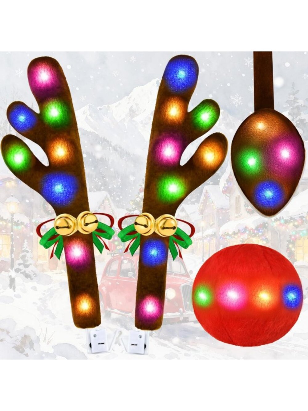 Festive Reindeer Car Decorations Kit with Antlers, Lights & Jingle Bells - Cute